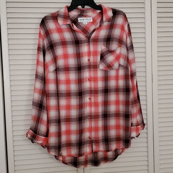 AVA & VIV plaid button down Women blouse - Picture 1 of 4